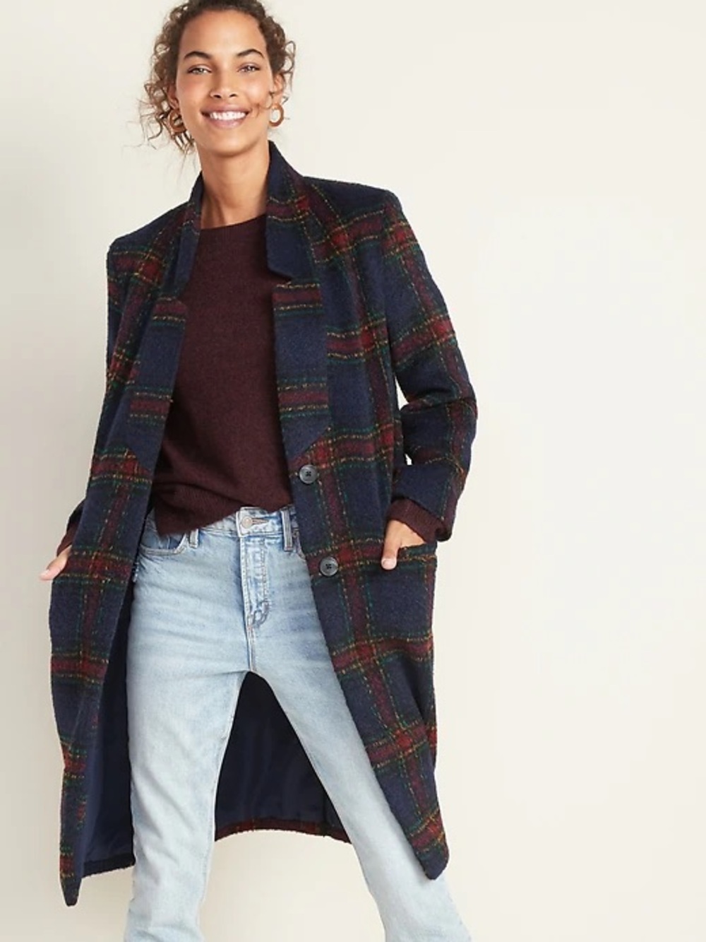 Old Navy NWT Plaid Soft Brushed Long Wool-Blend Coat in Navy